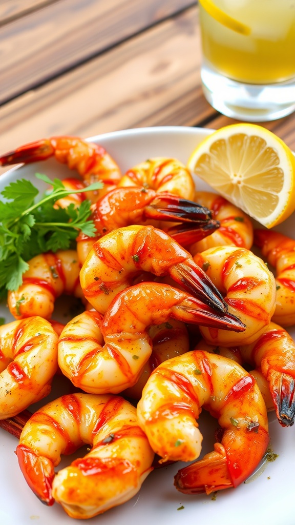 Grilled shrimp garnished with parsley on a plate with lemon, highlighting the dish